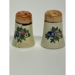 Vintage Lusterware Salt & Pepper Shakers Peach / Blue Floral Lustre Ware Japan